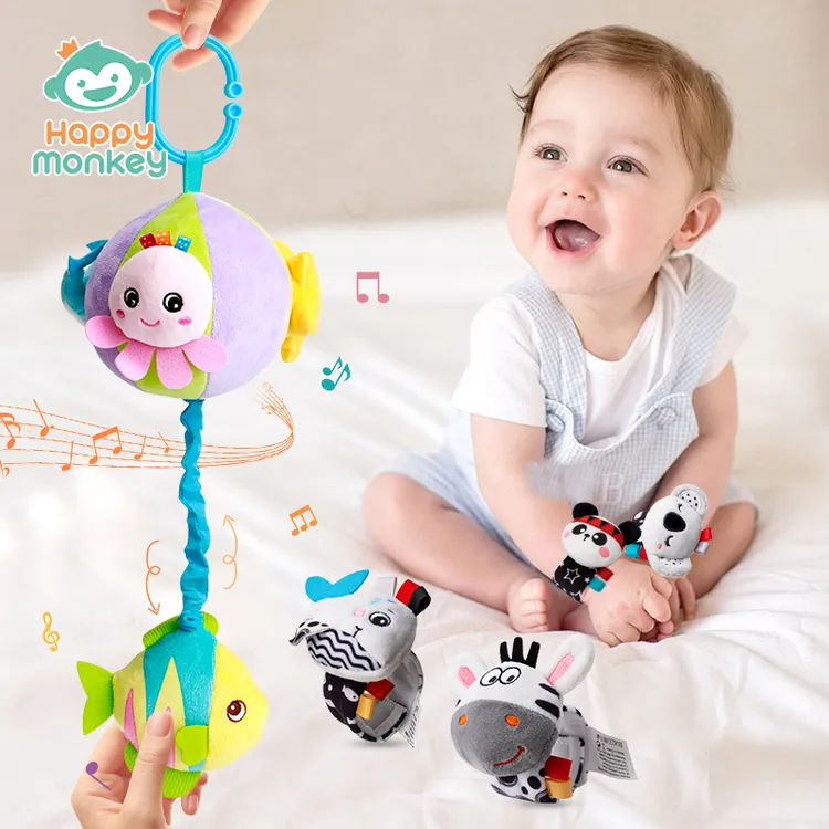 Happymonkey婴儿玩具0-6个月玩具推车挂件拉绳床铃 婴儿哄睡神器