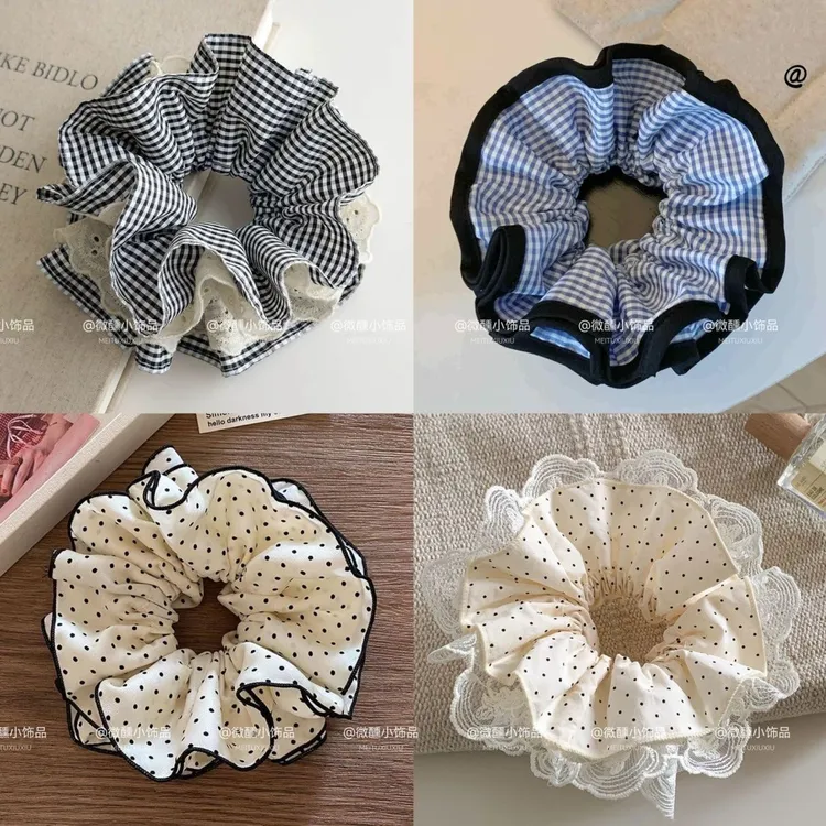 复古蕾丝格纹法式四层爱心发圈发绳发饰丸子大肠马尾高级头绳头发