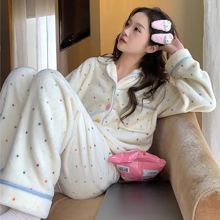 睡衣女秋冬季珊瑚绒2025年新款波点可爱卡通少女法兰绒加绒加厚套