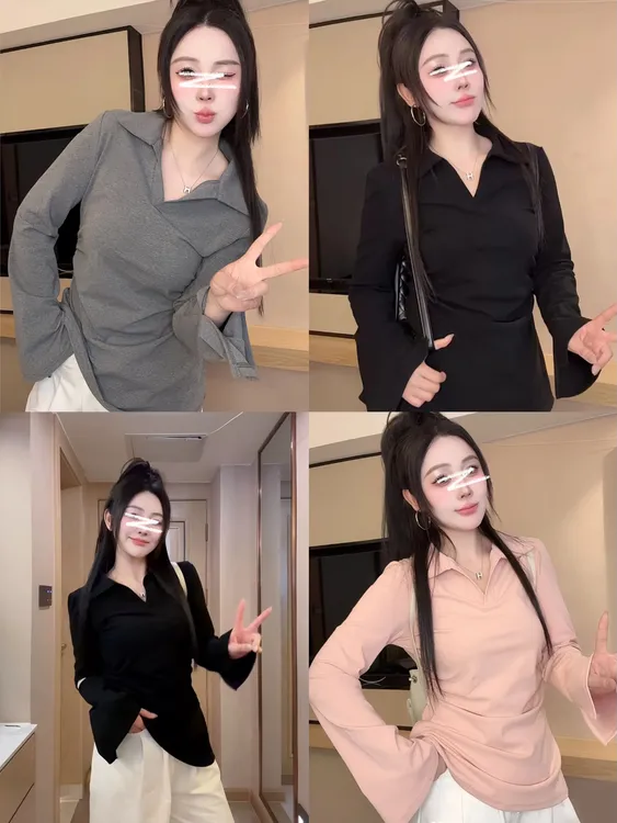 Moses Queen/魔西女王V领微胖mm收腰显瘦喇叭袖T恤纯色长袖上衣