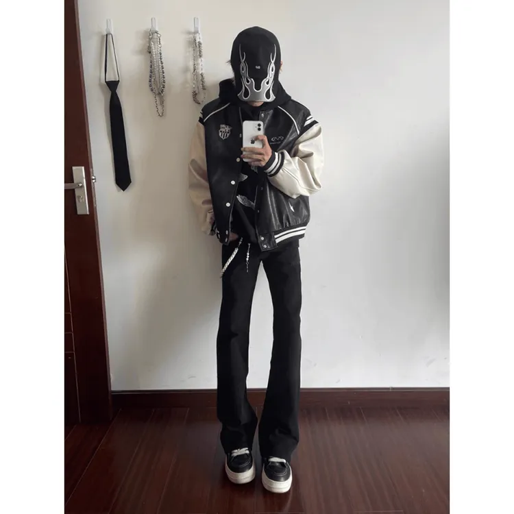 黑色弯刀牛仔裤男款美式高街vibe裤子提档显瘦直筒微喇裤