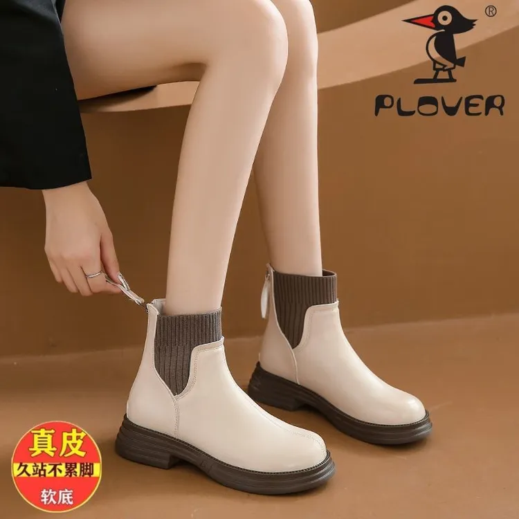 PLOVER马丁靴女秋冬单靴瘦瘦靴子厚底新款袜靴英伦凤厚底短靴