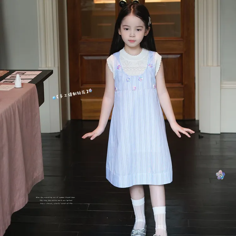 AnnieGirl女童夏季新款蓝白条纹立体花连衣裙镂空背心度假风套装