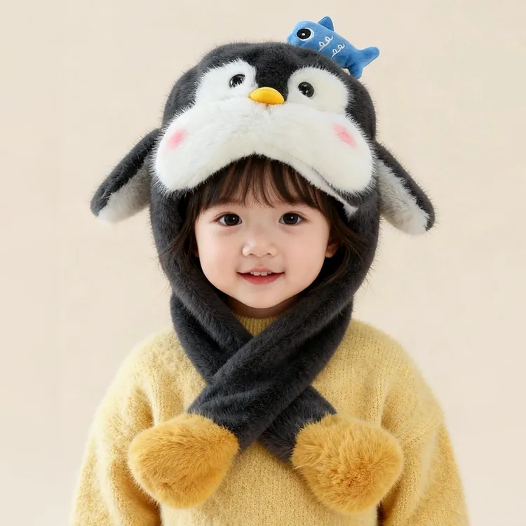 耳朵会动企鹅宝宝围脖帽子冬季超萌加厚婴儿童护耳一体套头毛绒帽