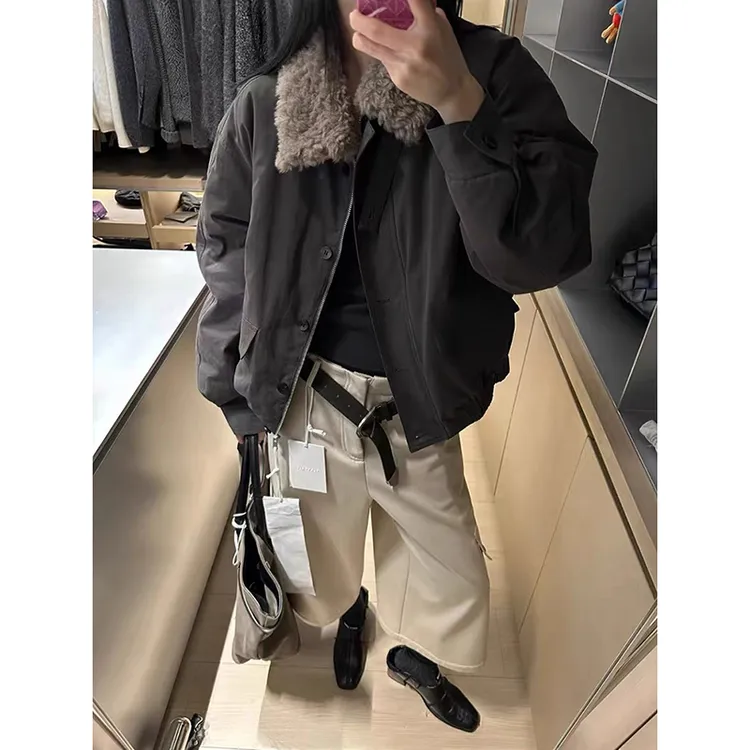 韩系复古翻毛领短款外套女士秋冬季休闲加厚宽松时尚百搭夹克上衣