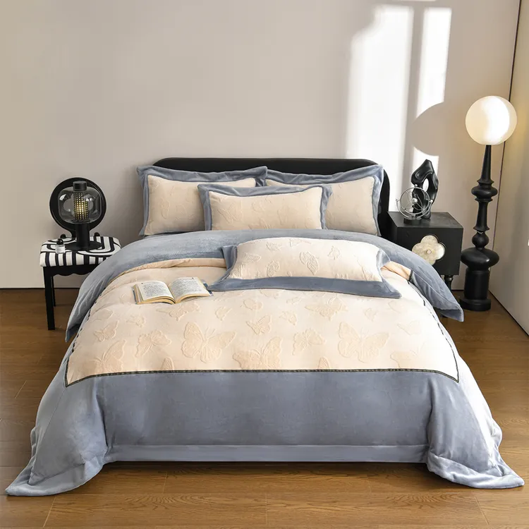 新款高克重拼角牛奶绒四件套