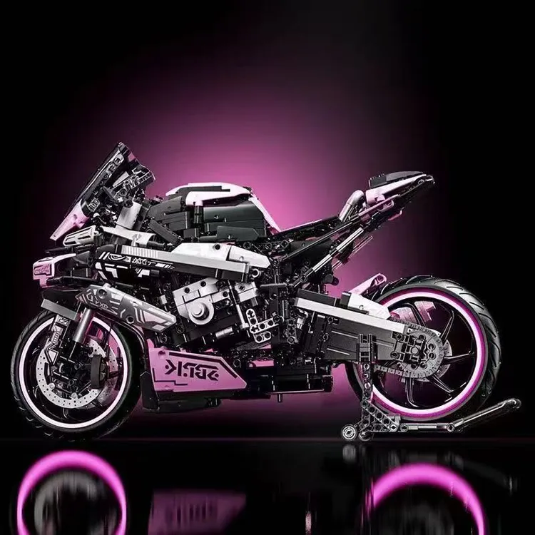 粉色宝马摩托车M1000RR积木机械组系列男孩益智拼装模型玩具礼物