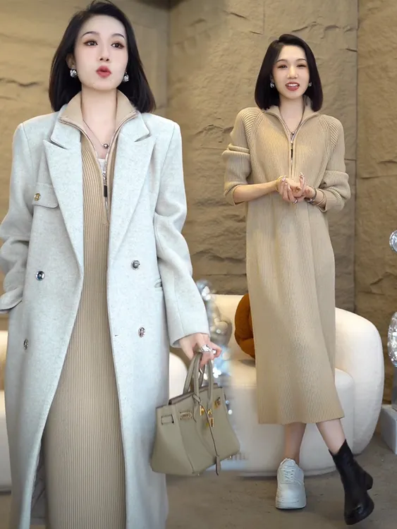 秋冬新款针织衫女毛衣打底裙宽松中长款配大衣过膝时尚连衣裙内搭