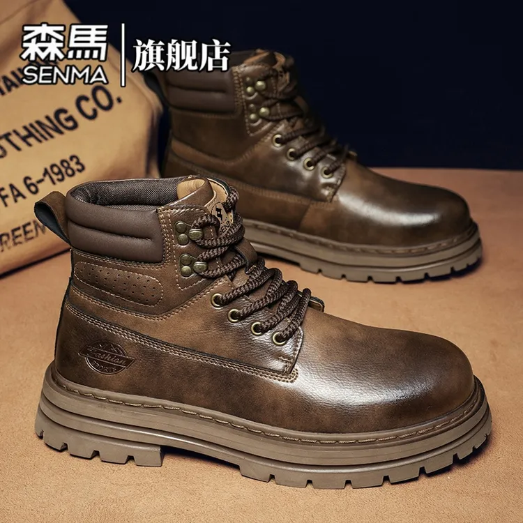 森马男鞋冬季增高时尚英伦风马丁靴男士复古款潮流防滑高帮工装鞋