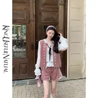 KUN【檀木玫瑰】骨子里的优雅 定制丝绒银色双排扣马甲秋冬粉色套装