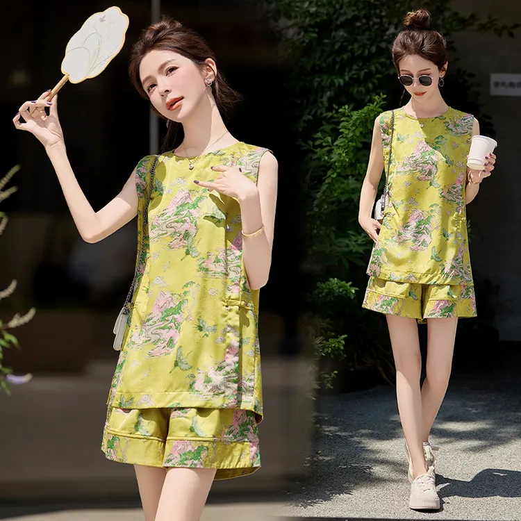 新中式无袖提花套装女2025夏季新款小个子复古盘扣气质短裤两件套