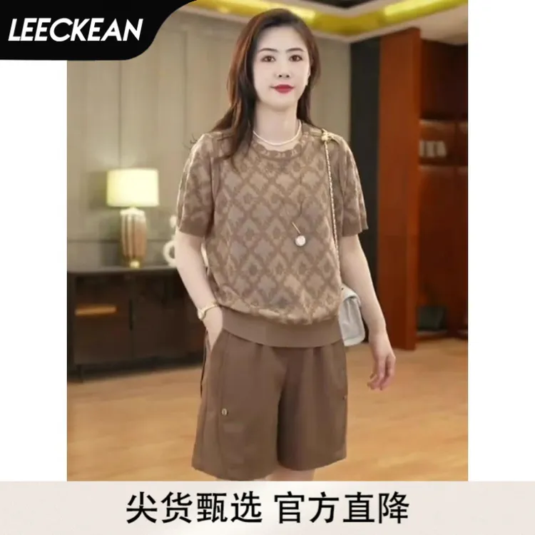 黎客时尚休闲套装女士2025夏季设计感针织刺绣短袖阔腿短裤两件套