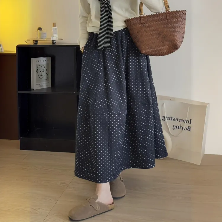 韩系波点松紧腰半身裙女2025夏新款小个子气质百搭显瘦A字中长裙