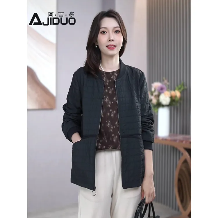 黑色百搭短款外套女2025新款秋季休闲女士夹克复古华夫格上衣外搭