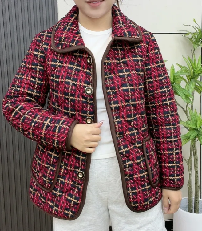 格子方领极简风宽松型中老年女装加厚百搭休闲秋冬