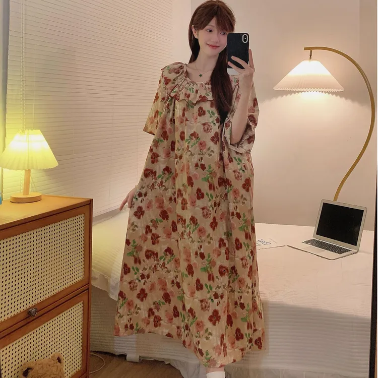 法式薄款夏季裙子大码宽松睡裙通用短袖长款韩版气质印花