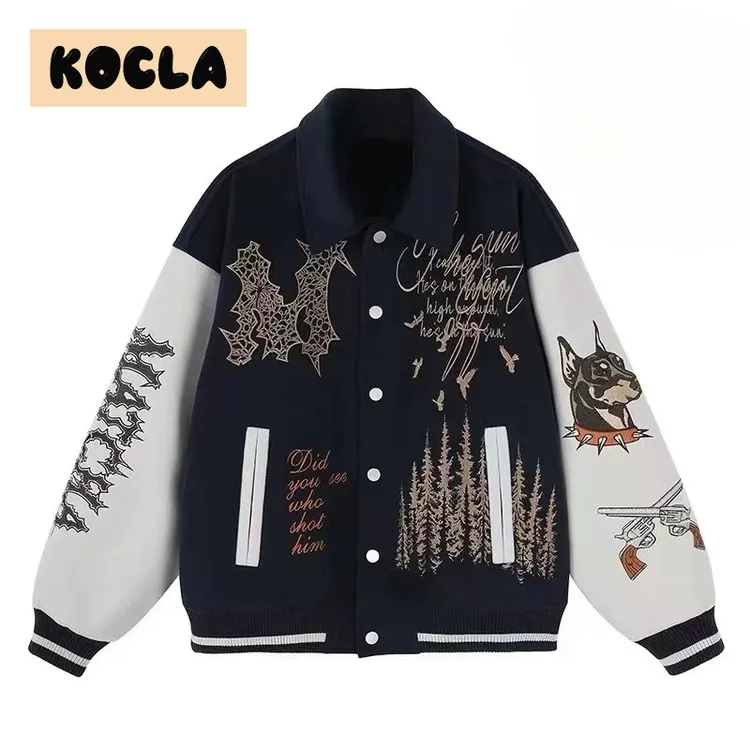 KOCLA美式重工刺绣印花呢料夹克男秋冬新款加厚加绒飞行员棒球服