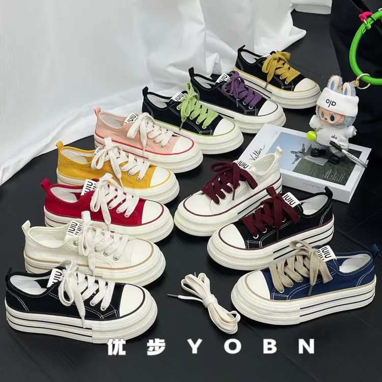 YOBN/优步厚底系带帆布鞋女圆头2025夏季百搭薄款透气板鞋H1323 