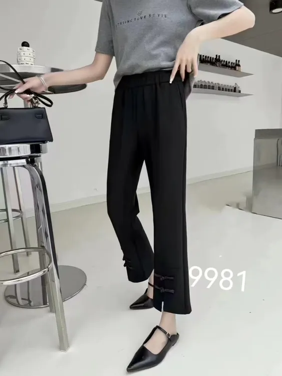 中式国风常规款喇叭裤高腰休闲裤气质夏季显瘦九分裤时尚开叉