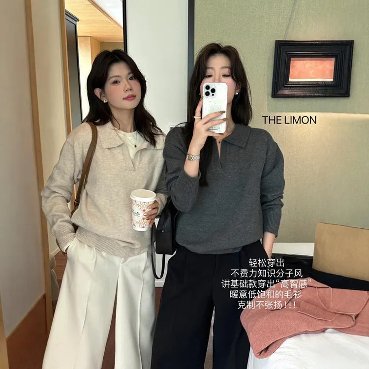 高级感气质翻领针织衫女秋冬慵懒风宽松毛衣内搭打底衫polo衫上衣