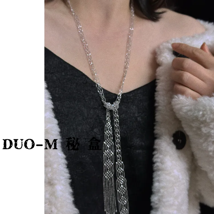 坠链均925银 月帘 意大利进口镭射珠手工编织蕾丝轻奢长款毛衣链