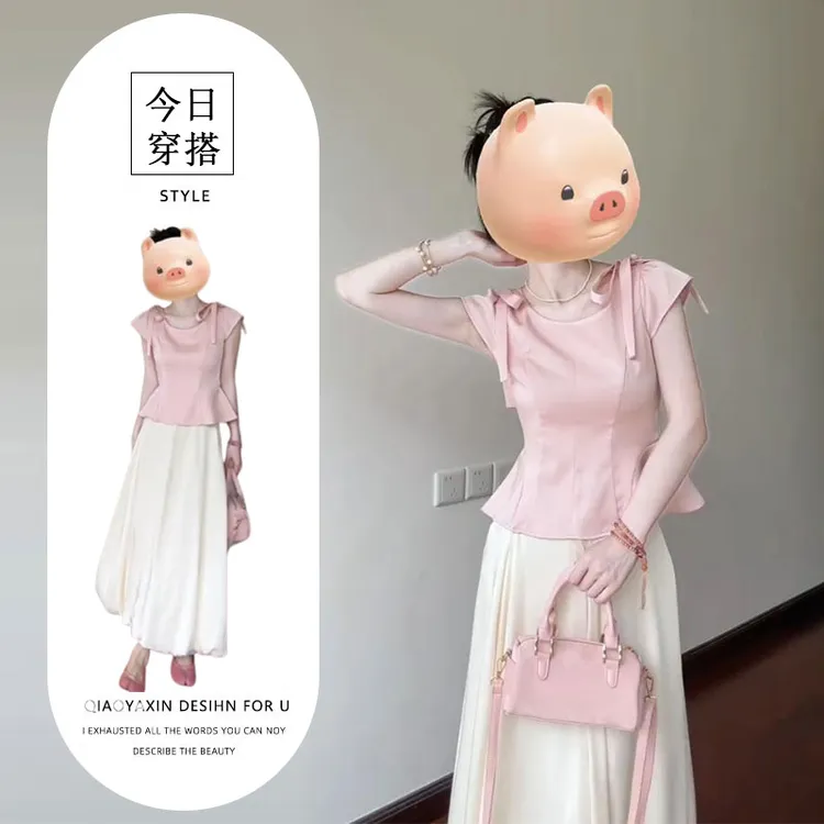 法式绝美穿搭套装夏季新款甜美miu系蝴蝶结上衣花苞半身裙两件套