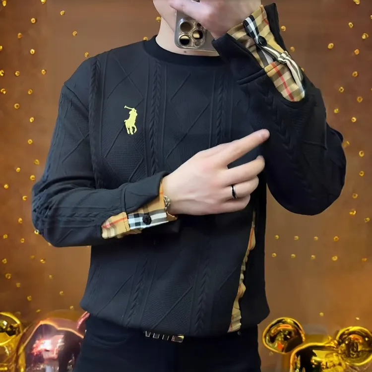 法尔利格高端男士毛衣时尚潮流百搭轻奢拼接圆领长袖打底衫上衣