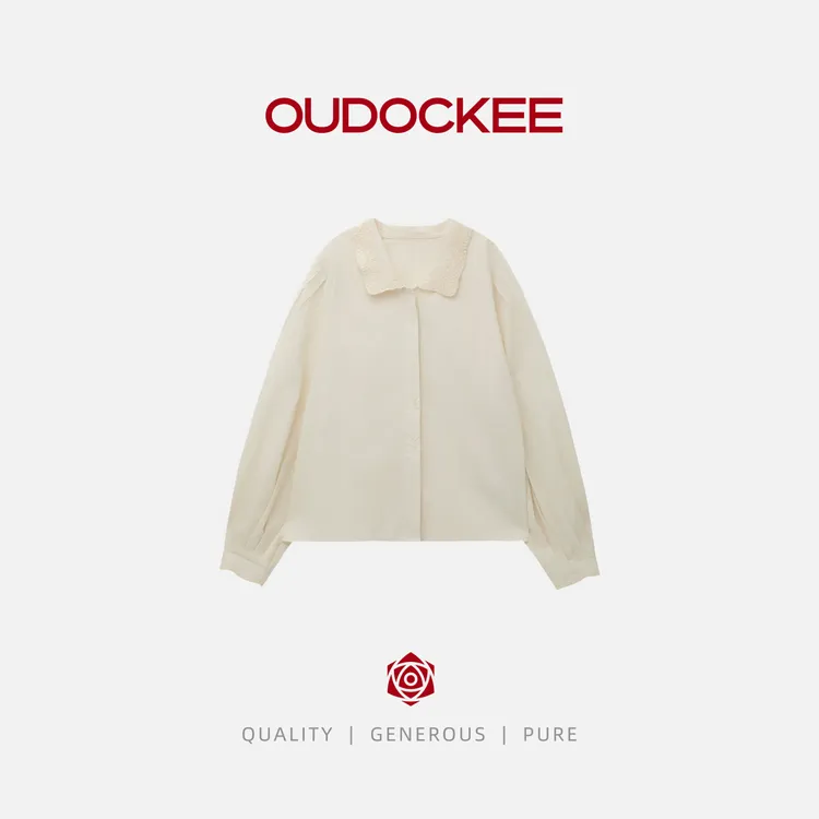 OUDOCKEE 鸥鸥【100棉】贵族 绣花刺绣花边领宽松纯色衬衫 CACE624T