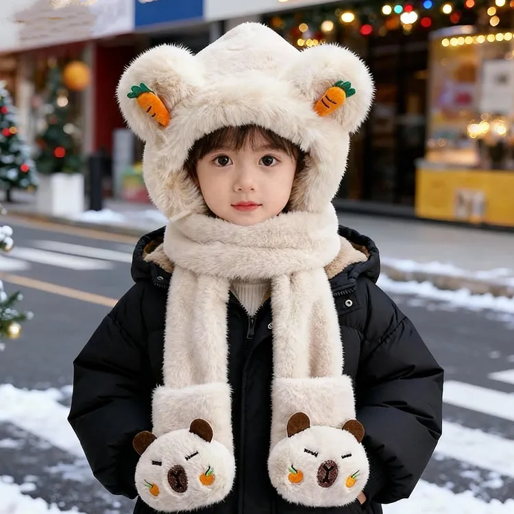 儿童帽子冬季加厚保暖宝宝毛绒帽女童帽子围巾手套一体男孩护耳帽