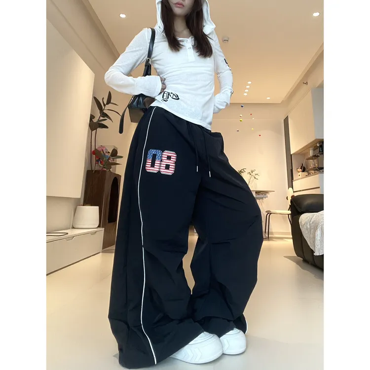 布零零黑色美式速干工装裤女夏薄款运动伞兵裤阔腿宽松爵士舞裤子