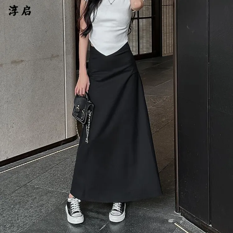 淳启时尚西装半身裙女高腰夏季修身显瘦长裙黑色中长版垂感字裙子