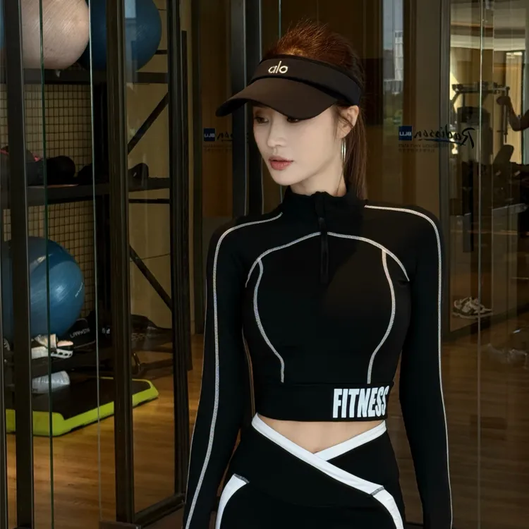 【唯美走线】32089健身服秋冬显瘦修身带胸垫瑜伽长袖跑步运动上衣