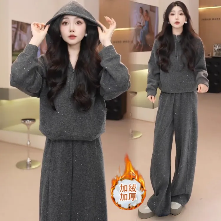 拉夏贝尔亮闪闪时尚休闲套装女2025冬季新款巨好看加厚炸街两件套