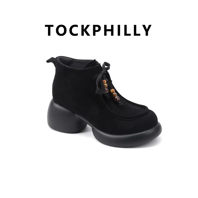 羊京绒5cm高跟百搭粗跟透气胶粘防滑马丁靴圆头复古秋季HF35125