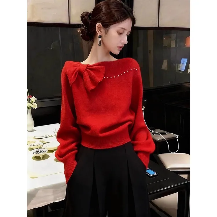 新年新款穿搭红色蝴蝶结一字肩针织衫女秋冬设计感内搭长袖上衣女