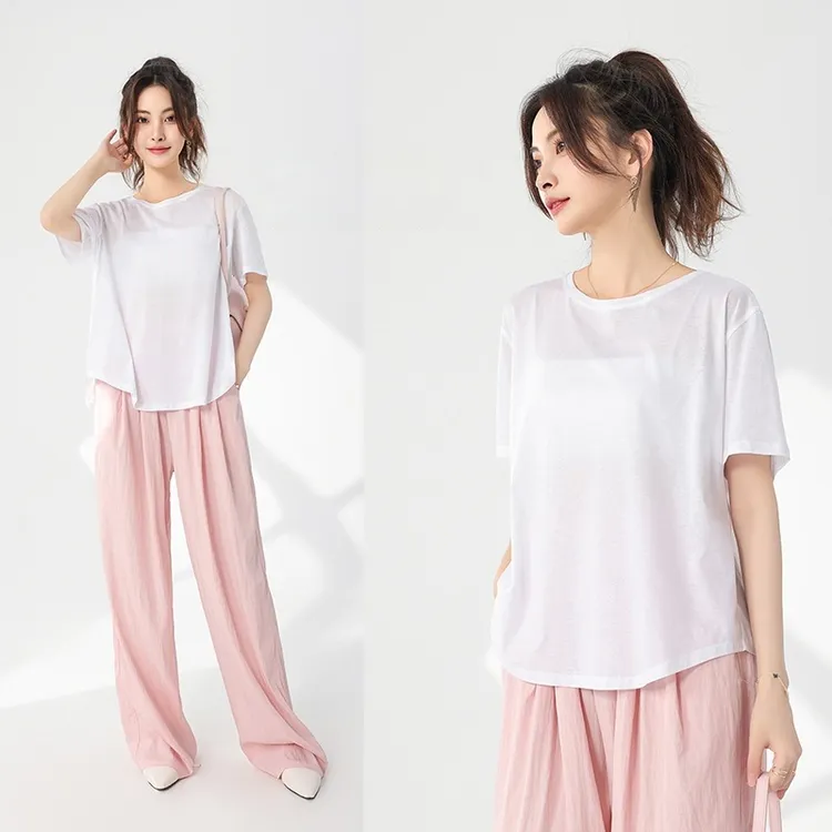 圆领大码风燕尾短袖T恤薄款时尚夏季微胖t恤宽松外穿时髦小姨风