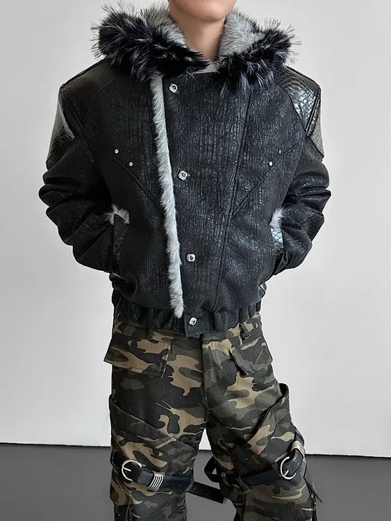 AR CulturE窥探雪狼拼皮撞色仿貂毛座山雕皮衣外套 加厚连帽棉服