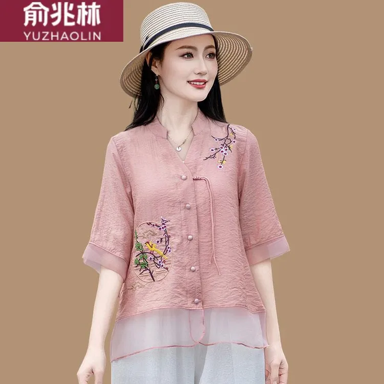 俞兆林新中式中袖衬衫女夏新款民族风别致漂亮小衫遮肚妈妈薄款凉