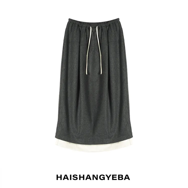 【海上叶爸】新款2025春秋百搭羊毛松紧腰宽松直筒后开叉半身裙