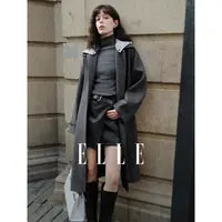 ELLE女装连帽系带毛呢外套2025冬季新款休闲廓形气质大衣EF52747