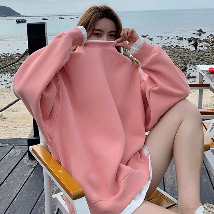 假两件粉色春秋卫衣女2025年新款中长款宽松ins无帽加绒加厚外套