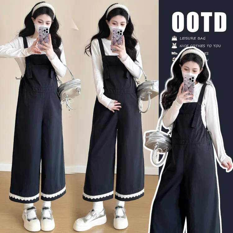 时髦孕妇背带裤女款2025春夏季新款减龄两件套装外穿宽松白色上衣