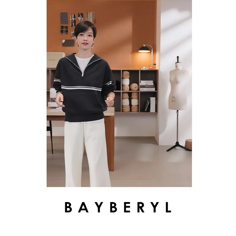  BAYBERYL老贝海军领学院拼色半拉链羊毛秋针织衫9ZZS5I1241-9/13