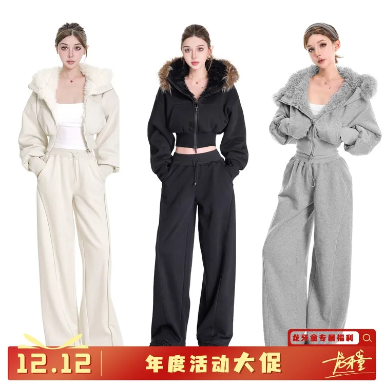 龙牙童推荐【松弛lulu】秋冬复古港味女装秋套装运动休闲加绒连帽