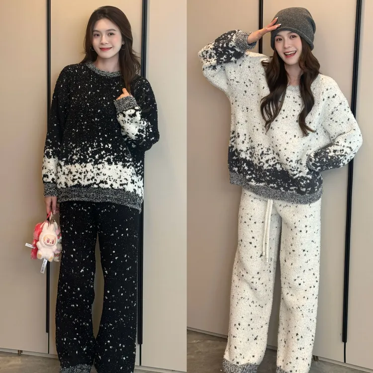 2025秋季新款满天星混色休闲慵懒加厚半边绒家居服套装女可外穿
