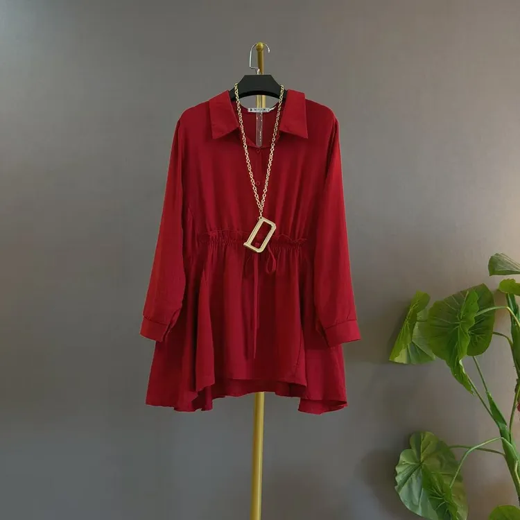 系带翻领长袖套头中长款雪纺衫洋气收腰时尚ins风遮肉大码苹果型