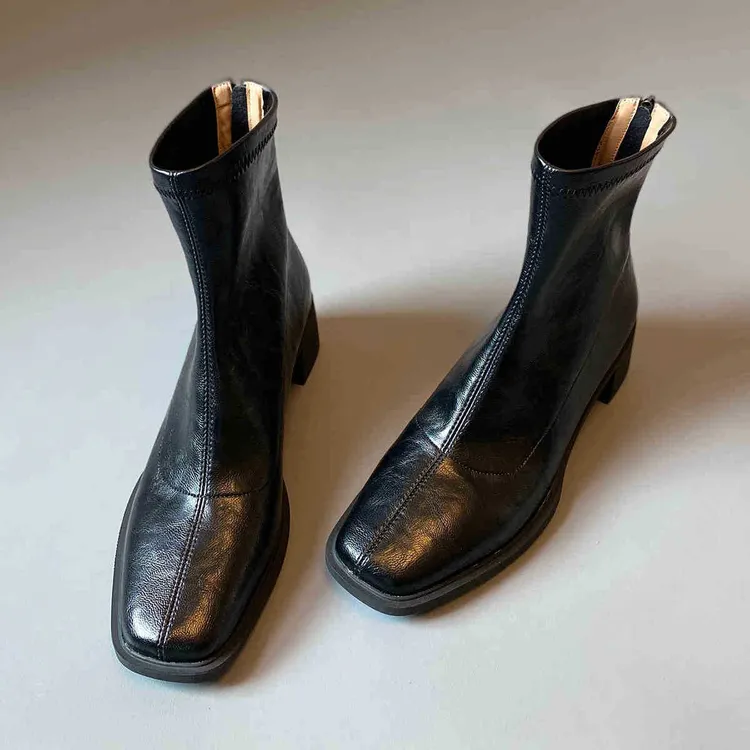 羊皮版真皮韩版高跟静音方头瘦瘦靴短靴粗跟复古加绒马丁靴女秋冬