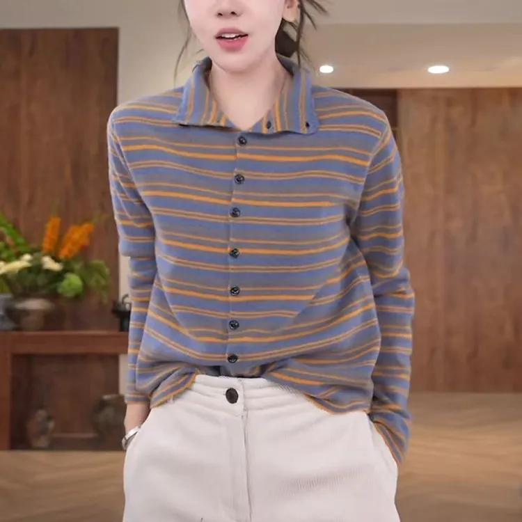 半高领条纹毛衣女士2025秋冬新款高级感宽松显瘦打底针织开衫上衣