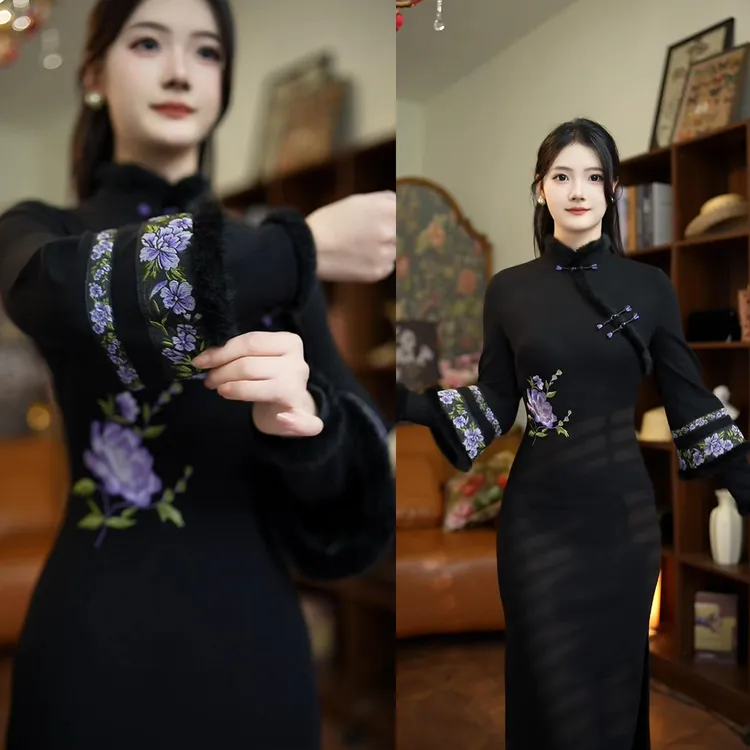 【尔尔古典美学】复古新中式旗袍【紫菱映月（黑）】秋冬修身中国风