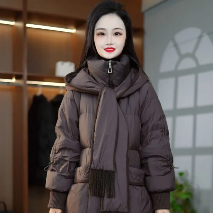 冬季新款优雅时尚百搭气质显瘦减龄带围巾鸭绒羽绒服外套M-XL